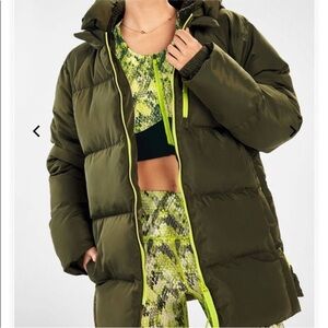 Fabletics Army Green Hooded Puffer Sherpa Winter Jacket